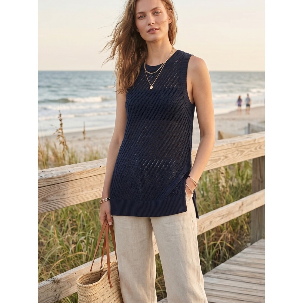 Vince Mesh Stitch Cotton Open Knit‎ Tunic Tank Top Coastal Navy NWT XS S M $225
